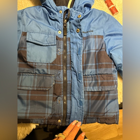 London Fog puffer coat plaid blue black winter hood zipper front jacket - Picture 7 of 13